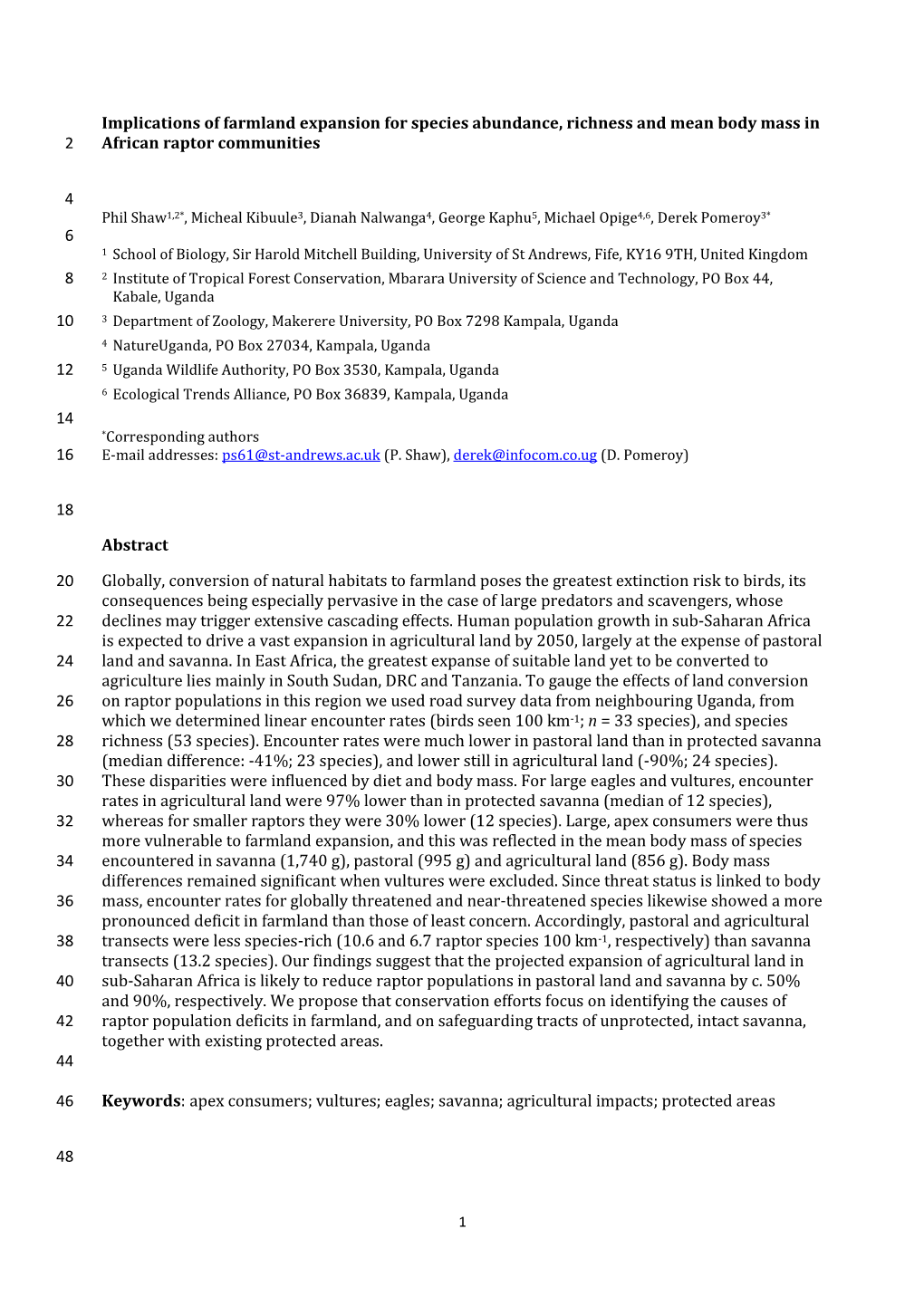 Implications of Farmland Expansion for Species Abundance, Richness and Mean Body Mass in African Raptor Communities 2 4 6 8 10 1