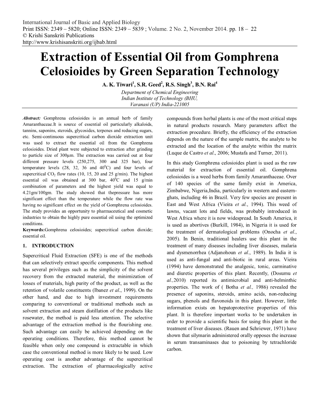 Extraction of Essential Oil from Gomphrena Celosioides by Green Separation Technology A