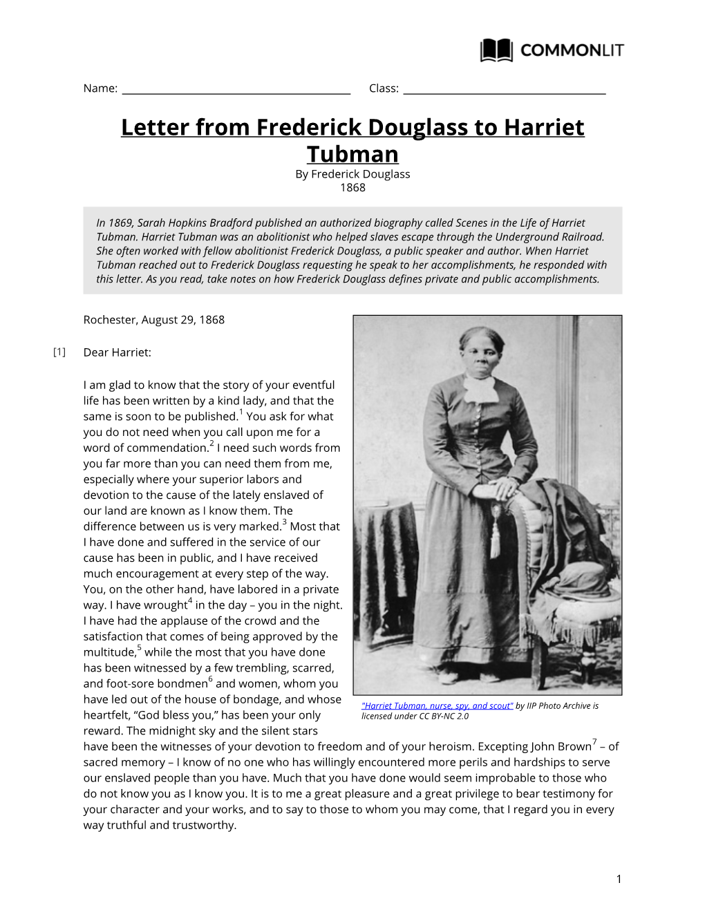 Commonlit | Letter from Frederick Douglass to Harriet Tubman