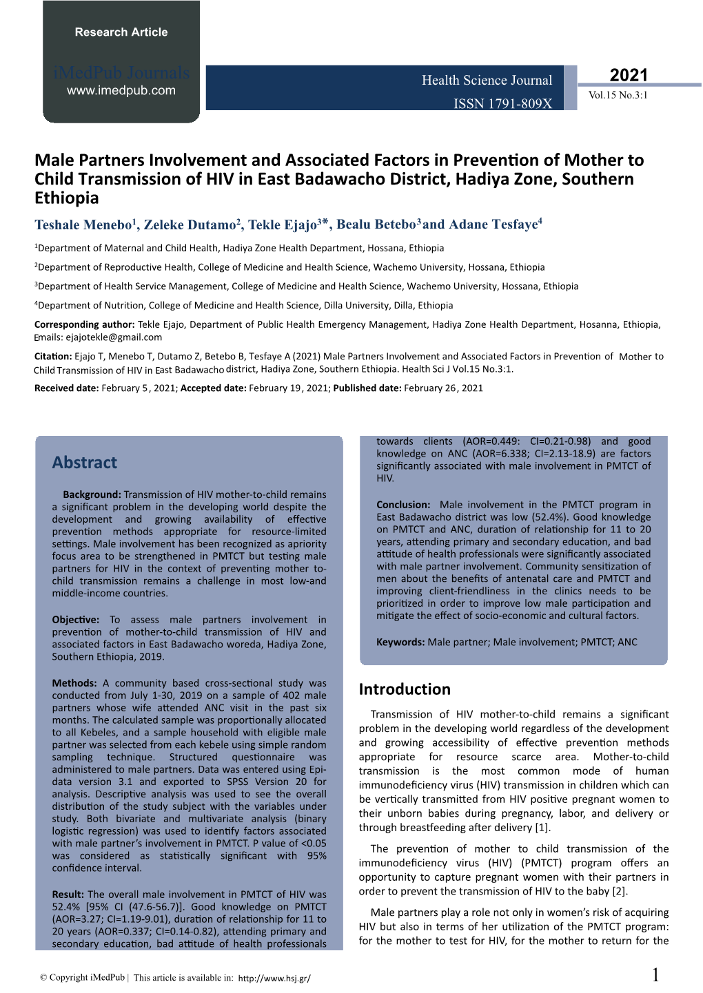 Male Partners Involvement and Associated Factors in Prevention Of