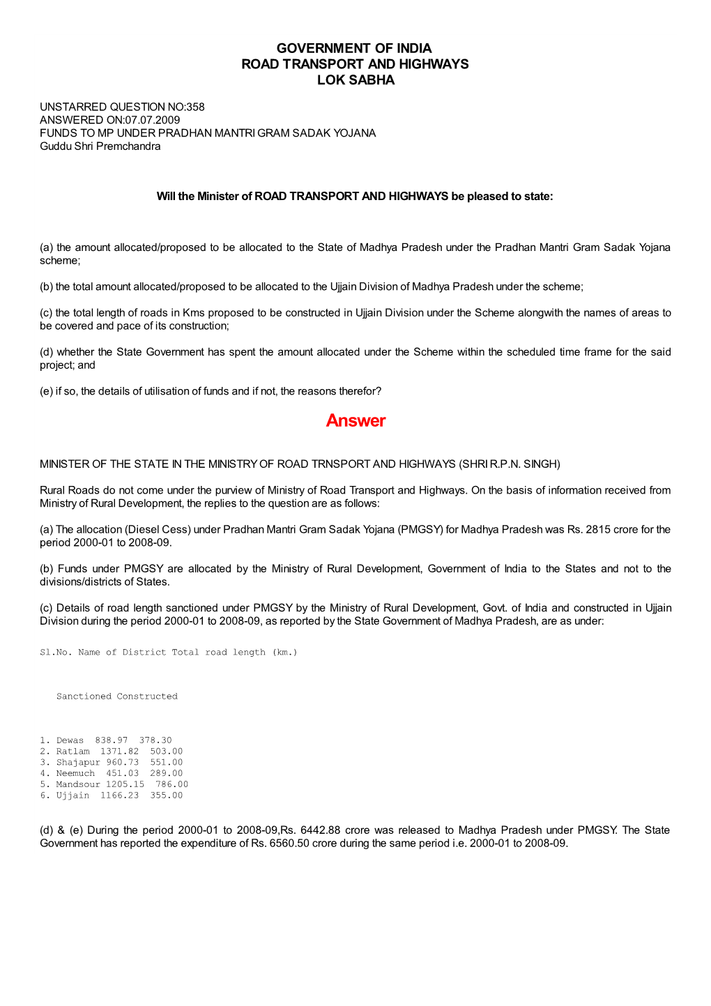 ANSWERED ON:07.07.2009 FUNDS to MP UNDER PRADHAN MANTRI GRAM SADAK YOJANA Guddu Shri Premchandra