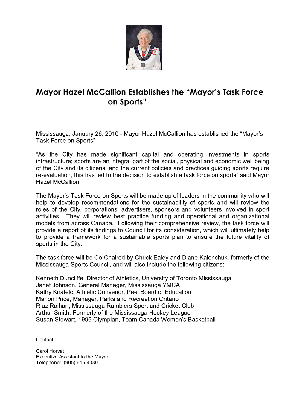 Mayor Hazel Mccallion Establishes the “Mayor's Task Force on Sports”