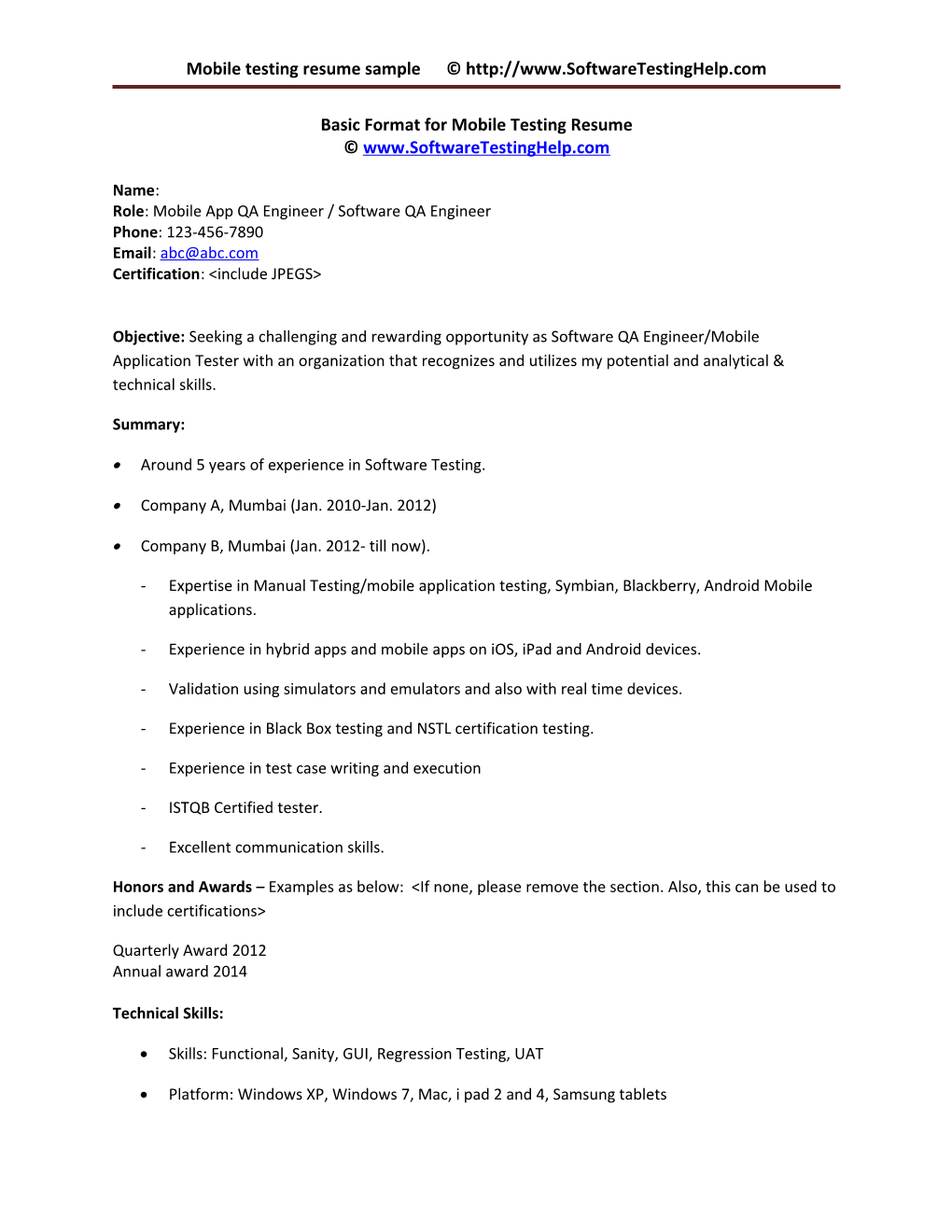 Mobile Testing Resume Sample