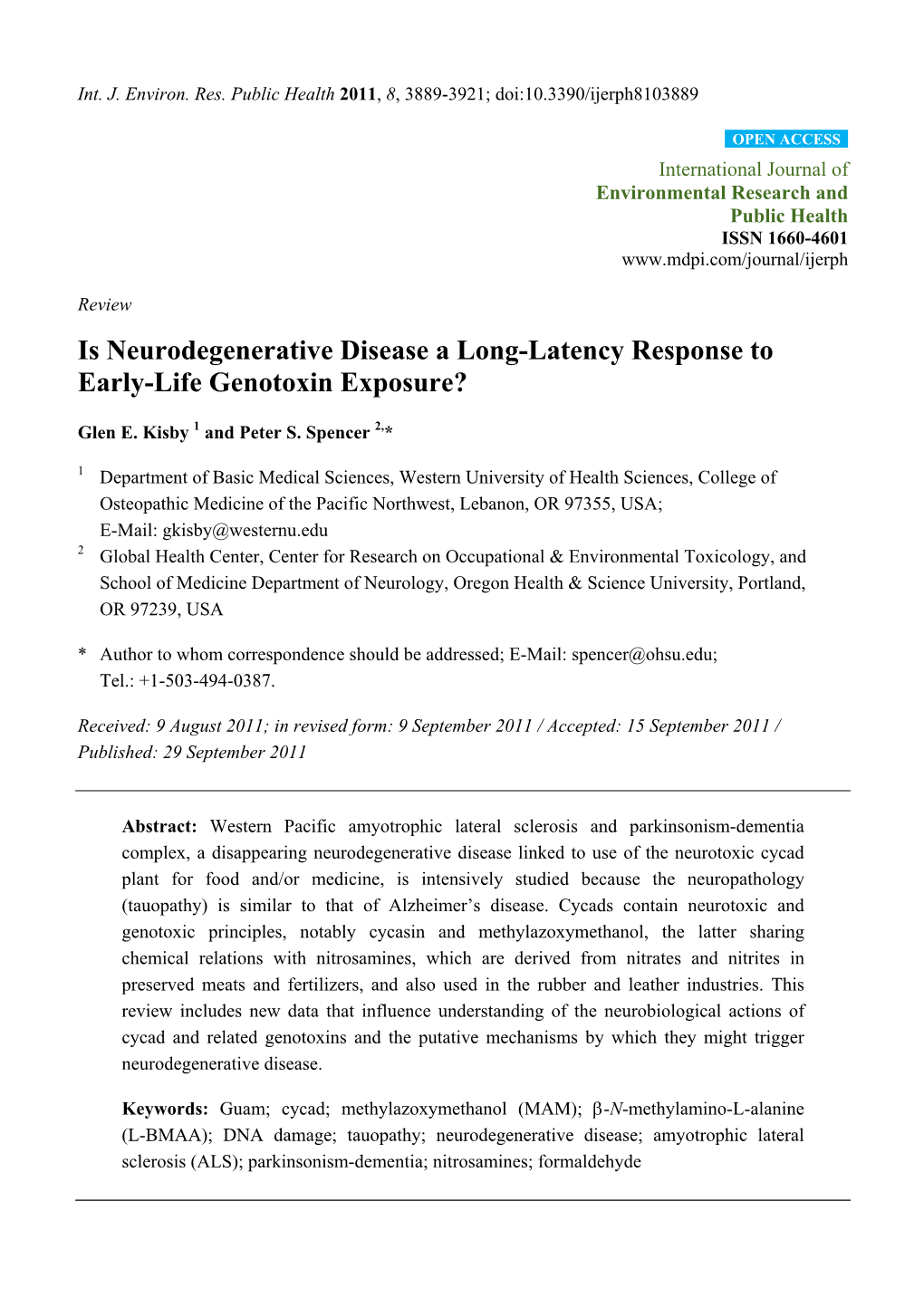 Is Neurodegenerative Disease a Long-Latency Response to Early-Life Genotoxin Exposure?