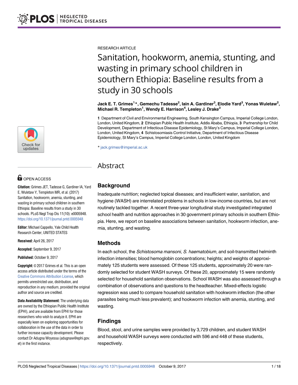Sanitation, Hookworm, Anemia, Stunting, and Wasting in Primary School Children in Southern Ethiopia: Baseline Results from a Study in 30 Schools