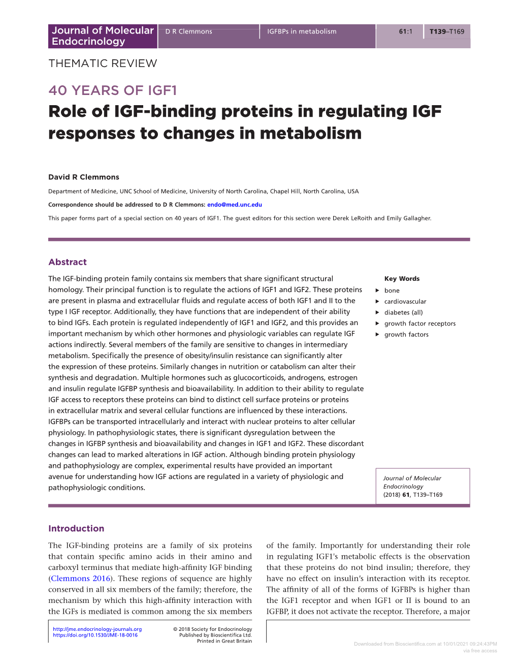 Role of IGF-Binding Proteins in Regulating IGF Responses to Changes in Metabolism