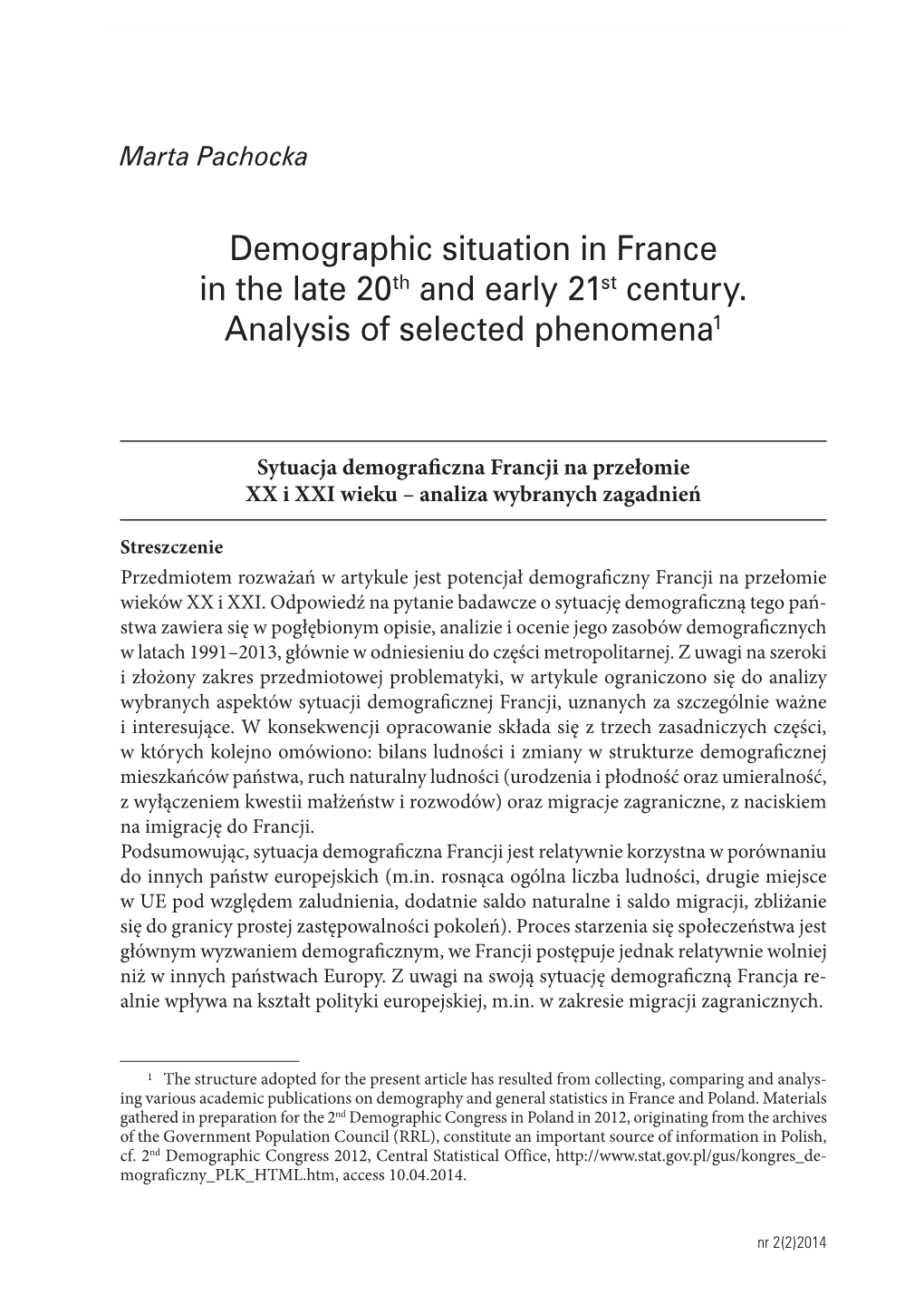 Demographic Situation in France in the Late 20Th and Early 21St Century