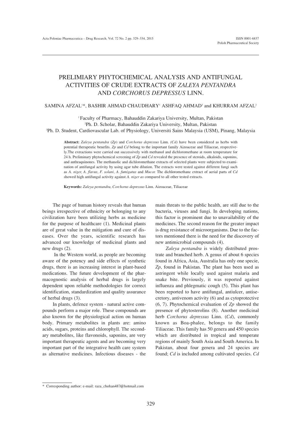 Prelimiary Phytochemical Analysis and Antifungal Activities of Crude Extracts of Zaleya Pentandra and Corchorus Depressus Linn