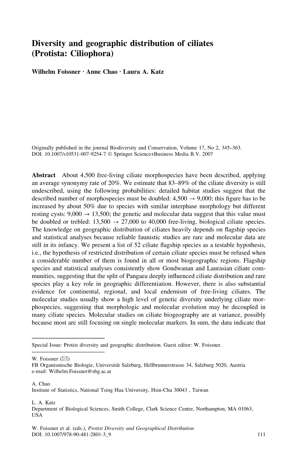 Diversity and Geographic Distribution of Ciliates (Protista: Ciliophora)