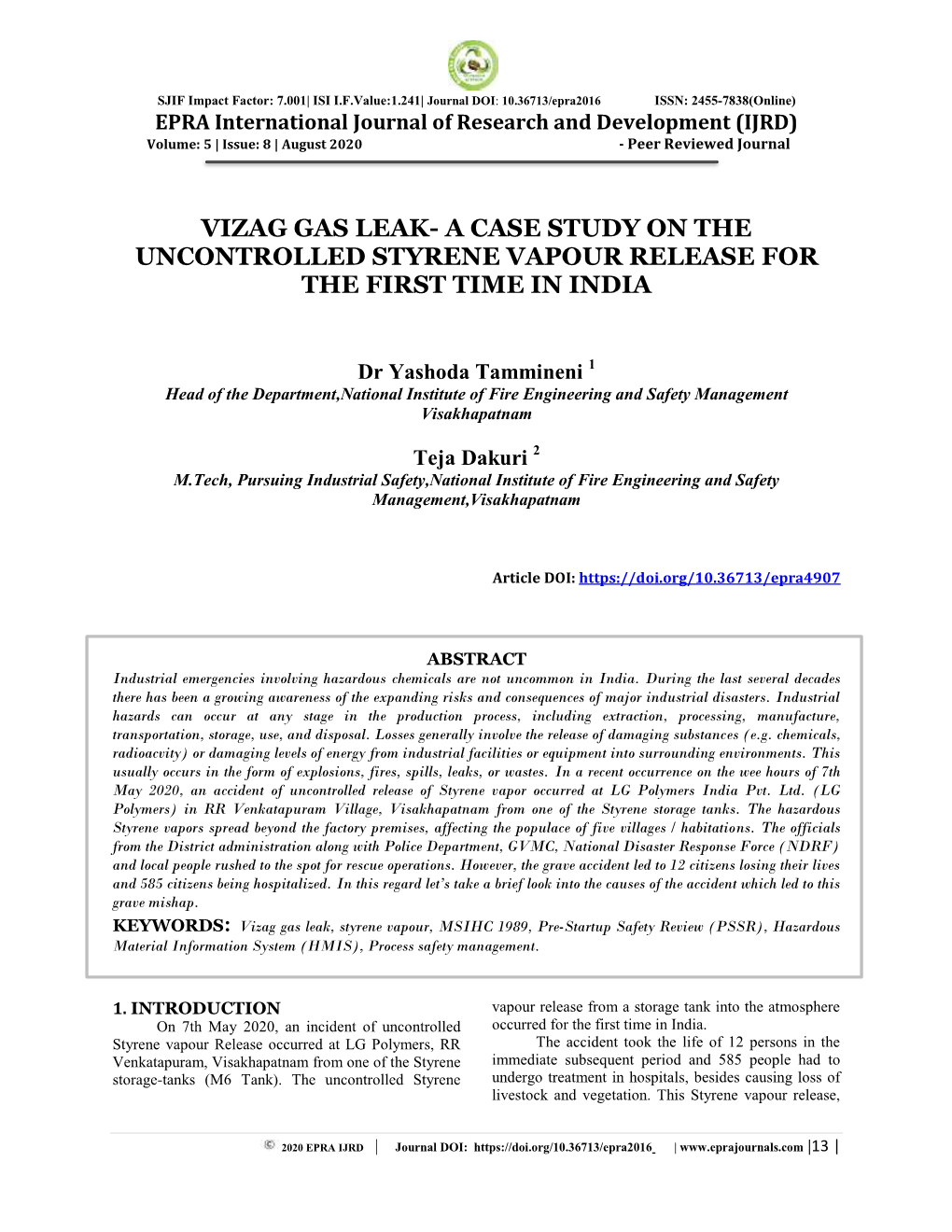 Vizag Gas Leak- a Case Study on the Uncontrolled Styrene Vapour Release for the First Time in India