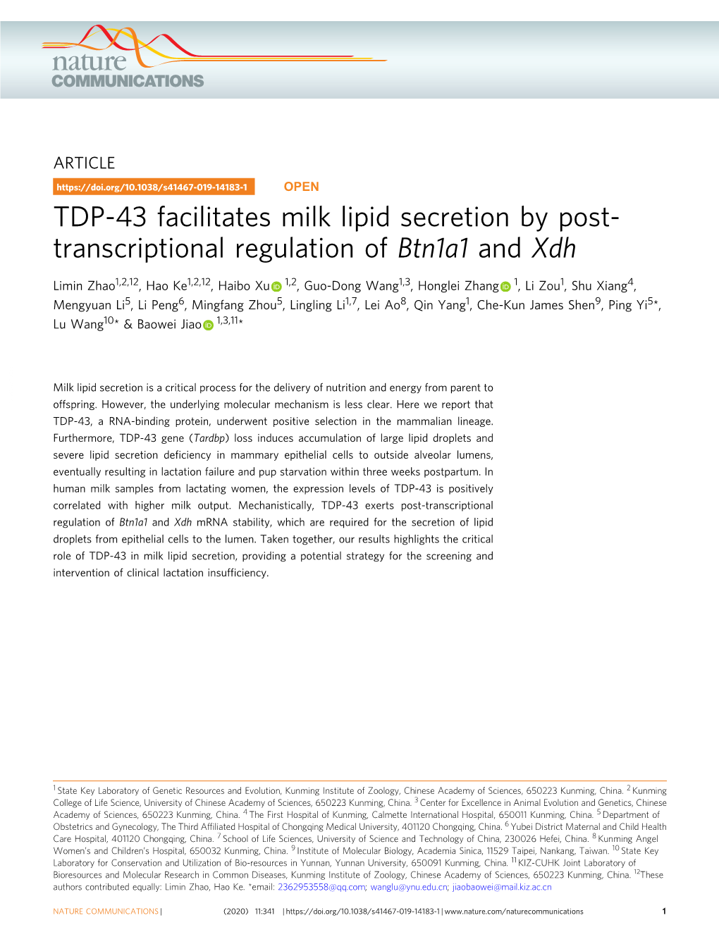 TDP-43 Facilitates Milk Lipid Secretion by Post-Transcriptional Regulation Of