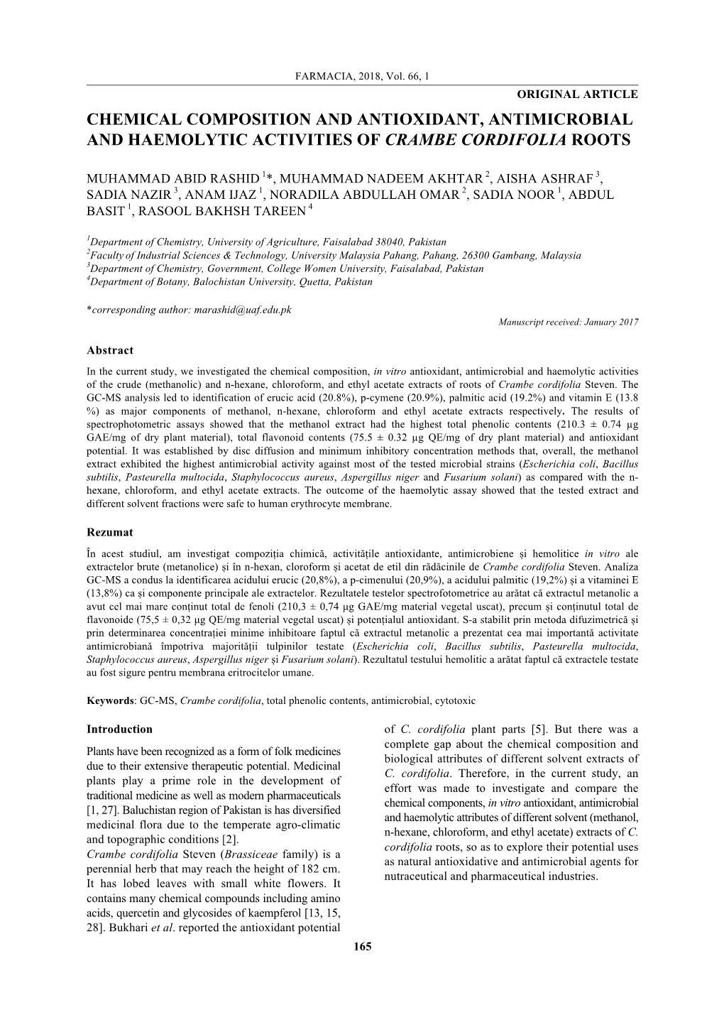 Chemical Composition and Antioxidant, Antimicrobial and Haemolytic Activities of Crambe Cordifolia Roots