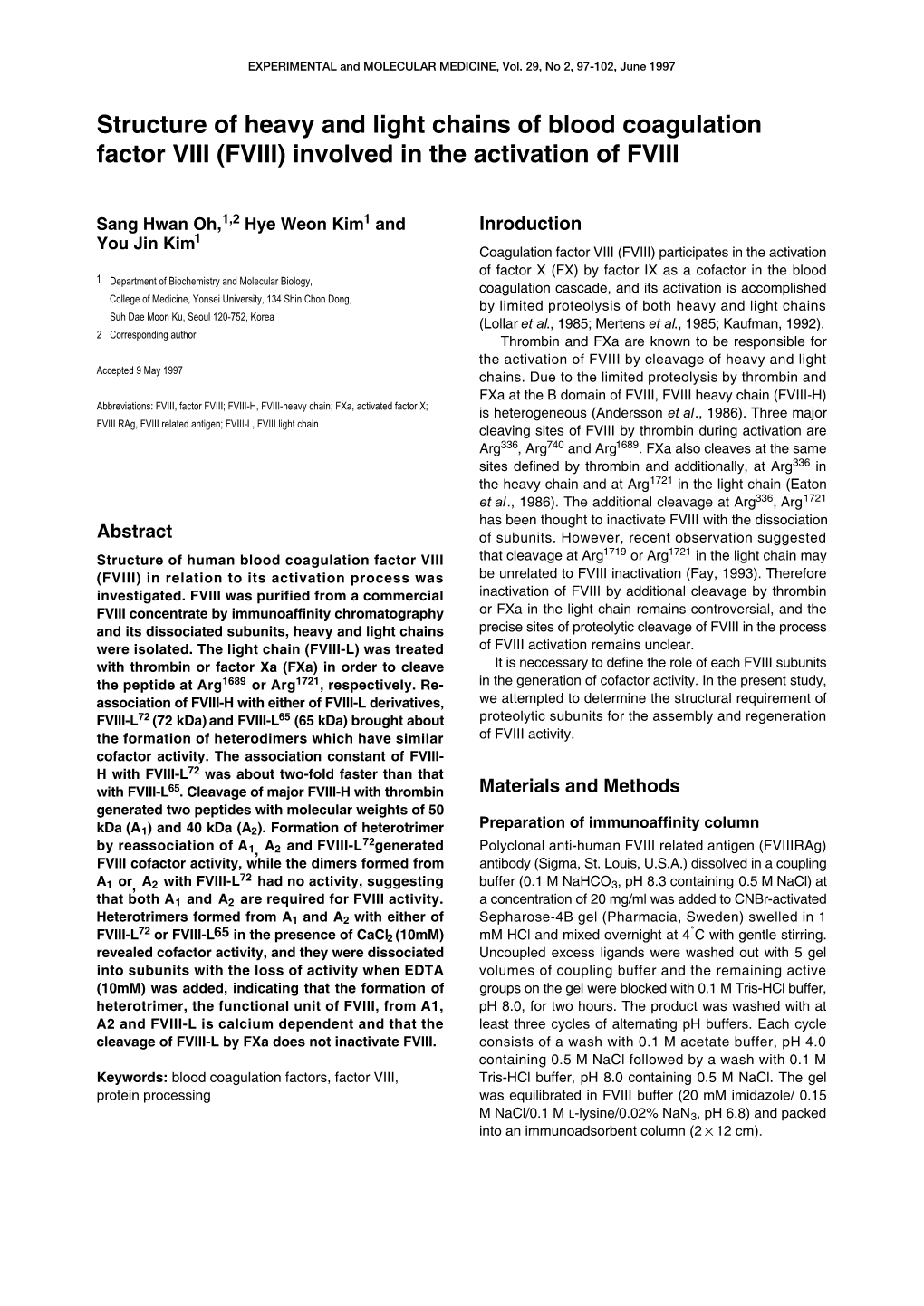 Structure of Heavy and Light Chains of Blood Coagulation Factor VIII (FVIII) Involved in the Activation of FVIII