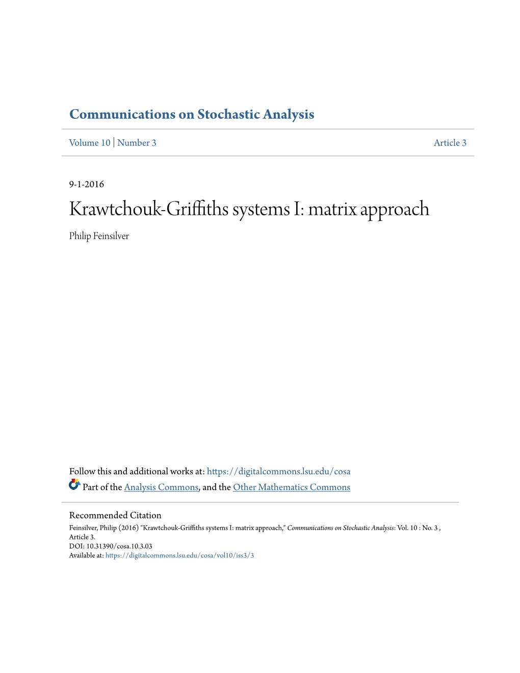 Krawtchouk-Griffiths Systems I: Matrix Approach Philip Feinsilver