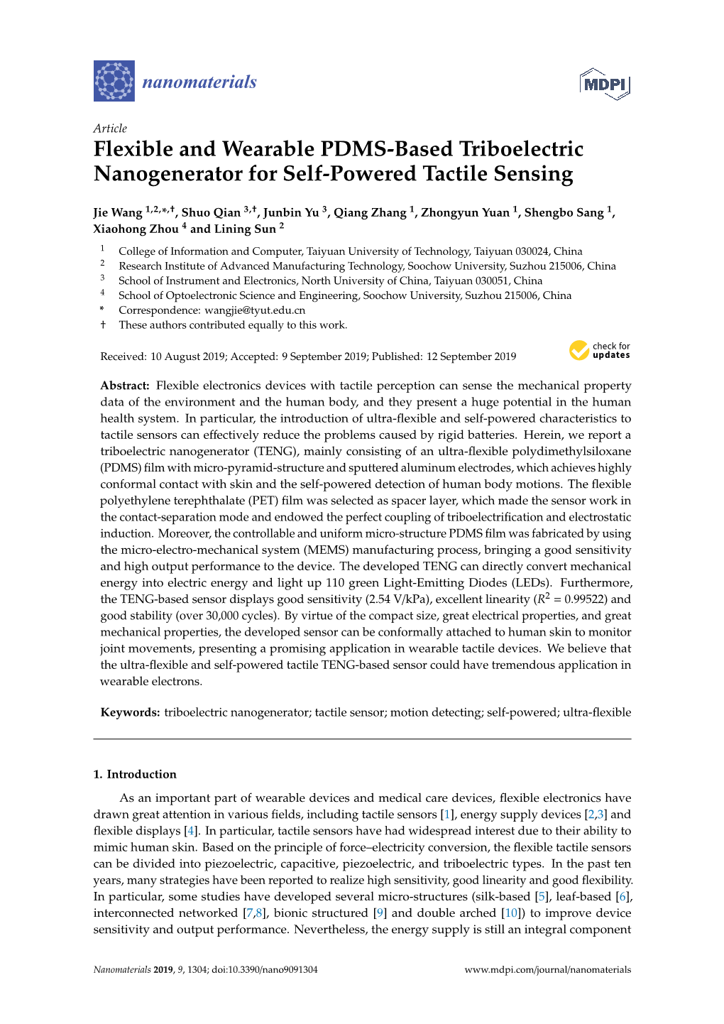 Flexible and Wearable PDMS-Based Triboelectric Nanogenerator for Self-Powered Tactile Sensing