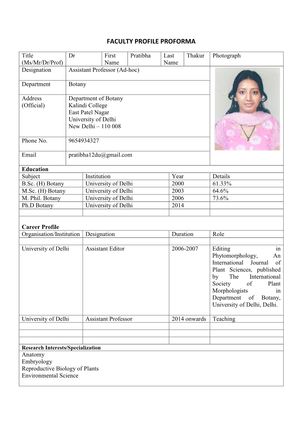 Faculty Profile Proforma