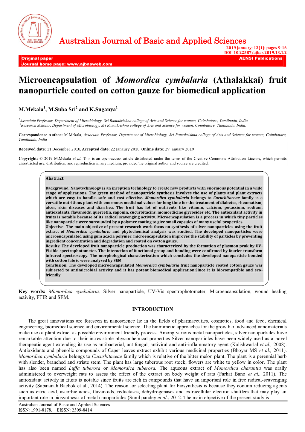 Microencapsulation of Momordica Cymbalaria (Athalakkai) Fruit Nanoparticle Coated on Cotton Gauze for Biomedical Application