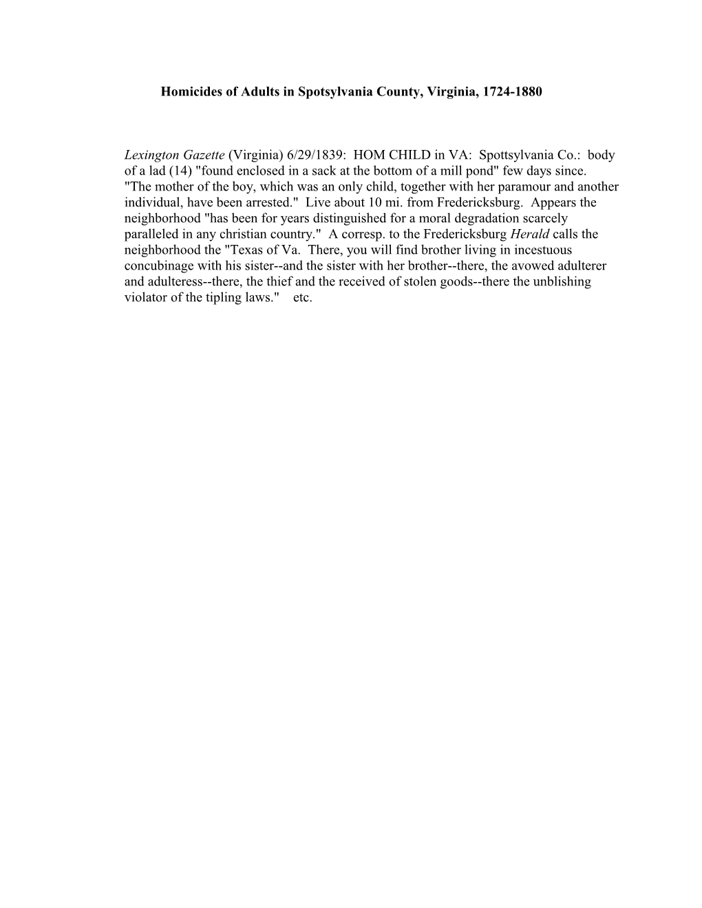 Homicides of Adults in Spotsylvania County, Virginia, 1724-1880