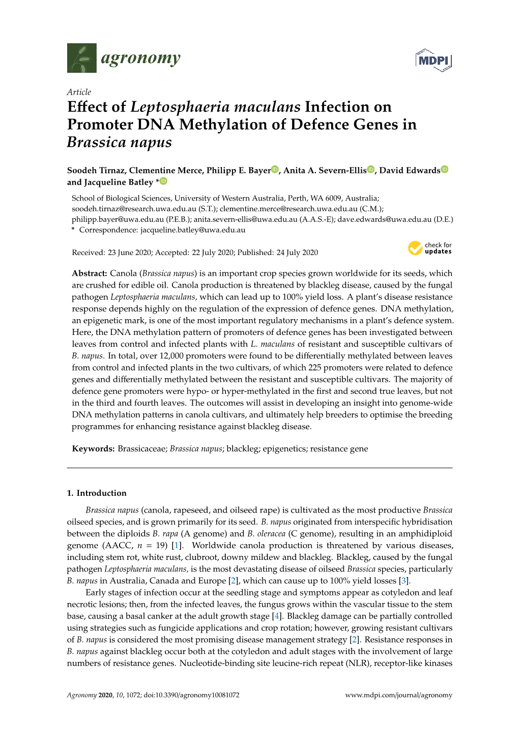 Effect of Leptosphaeria Maculans Infection on Promoter DNA