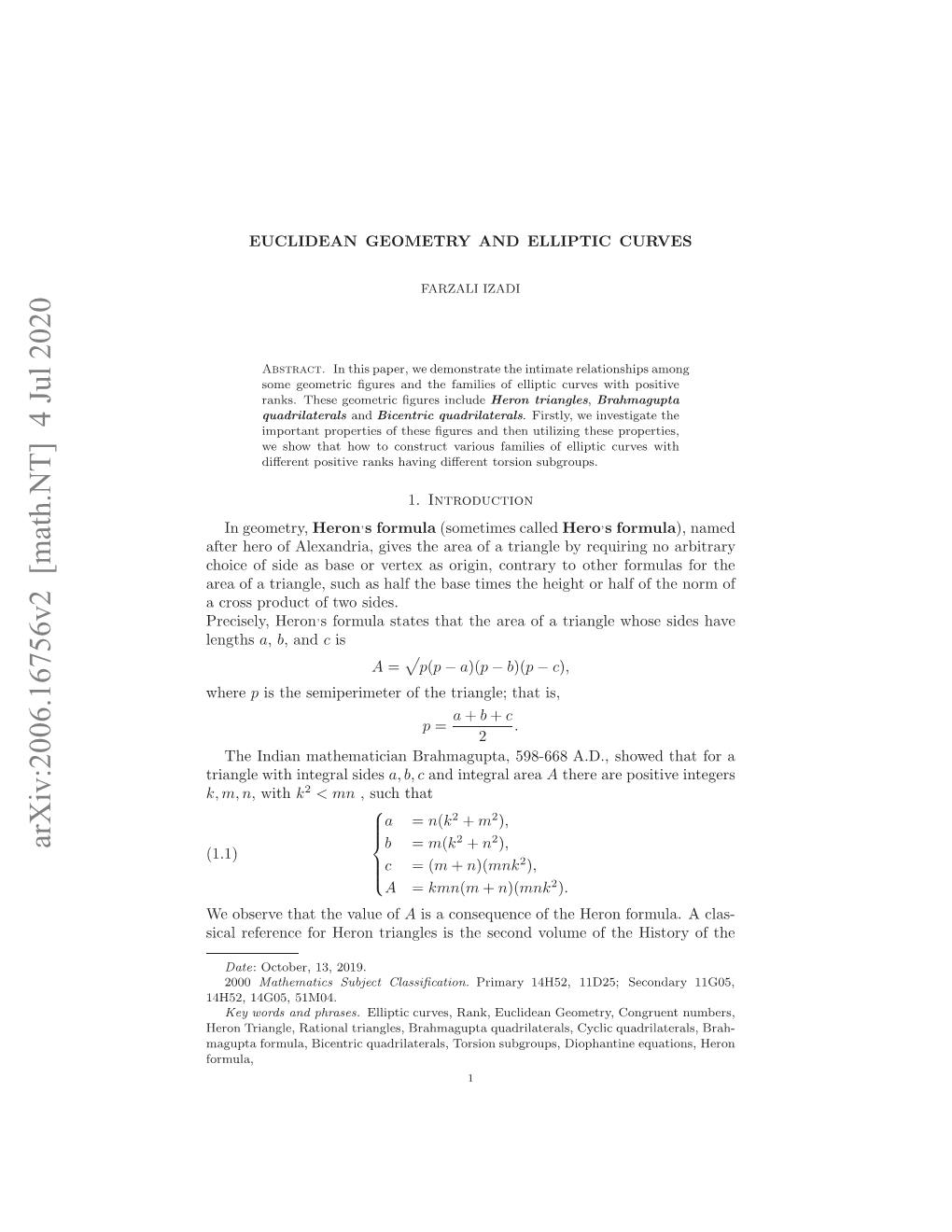 Arxiv:2006.16756V2 [Math.NT] 4 Jul 2020 45,1G5 51M04