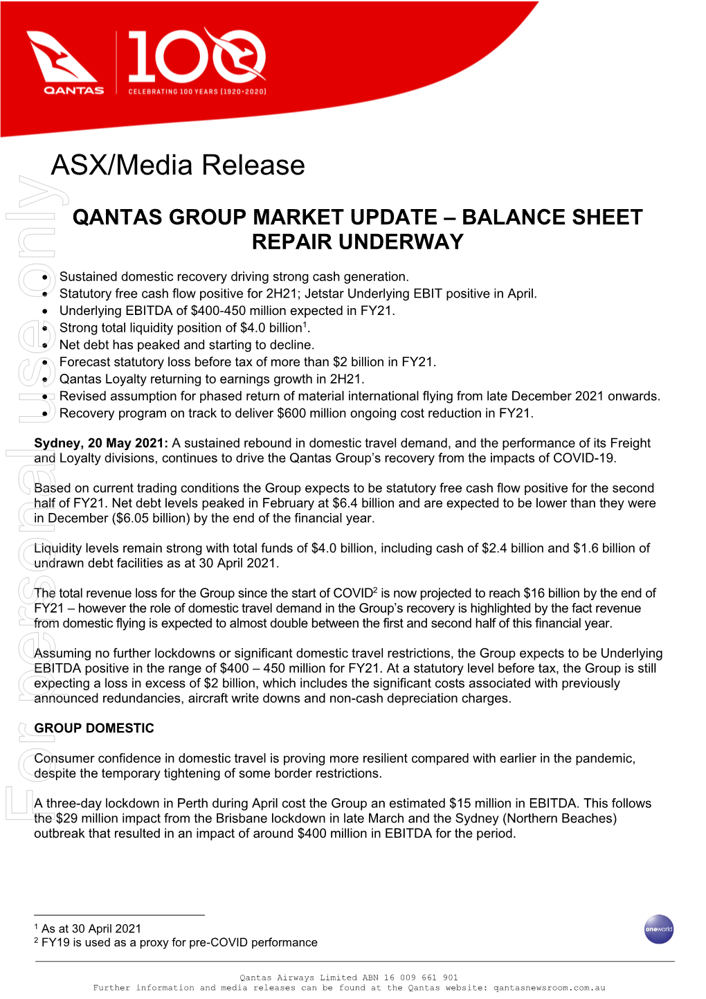 Qantas Group Market Update – Balance Sheet Repair Underway