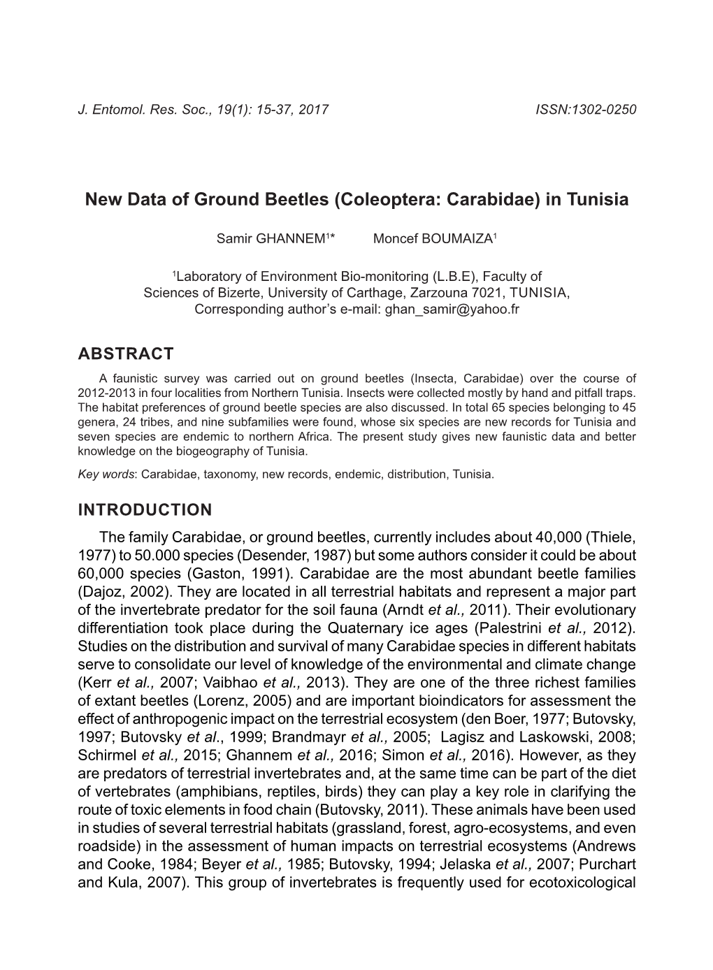 New Data of Ground Beetles (Coleoptera: Carabidae) in Tunisia