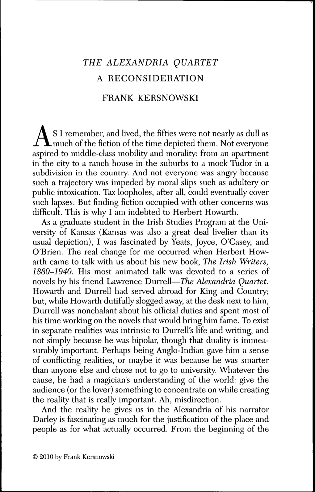 The Alexandria Quartet a Reconsideration Frank Kersnowski