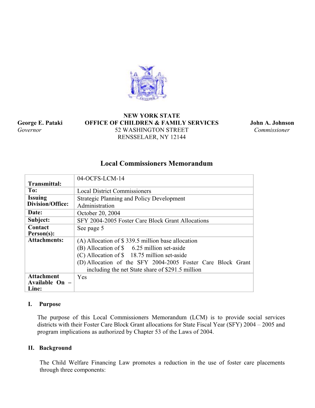 Foster Care Block Grant Allocations