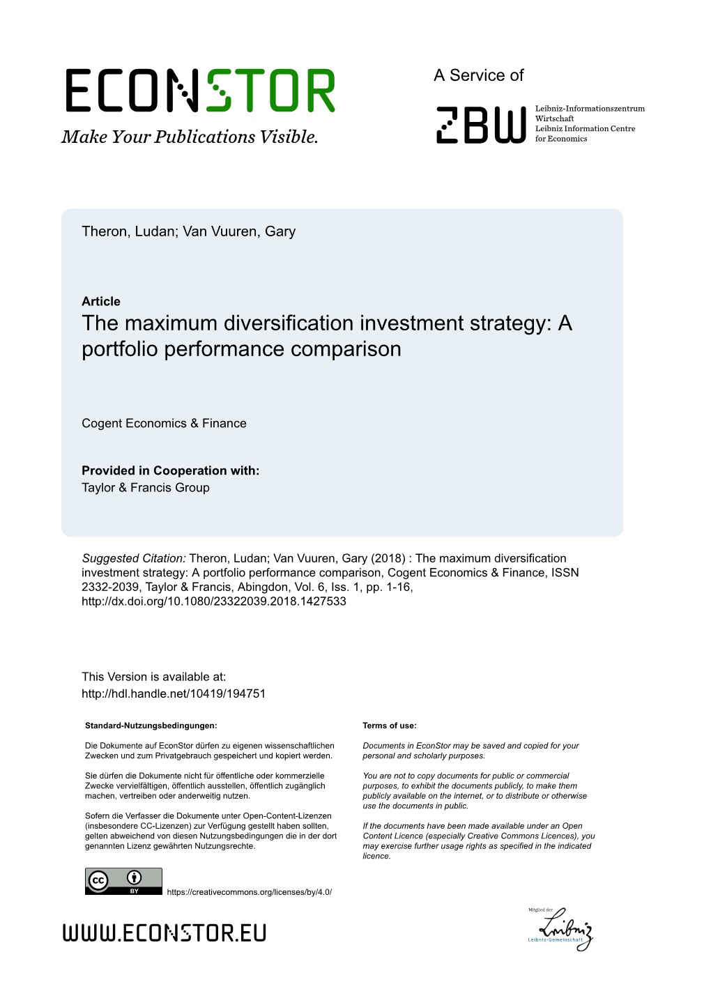 The Maximum Diversification Investment Strategy: a Portfolio Performance Comparison