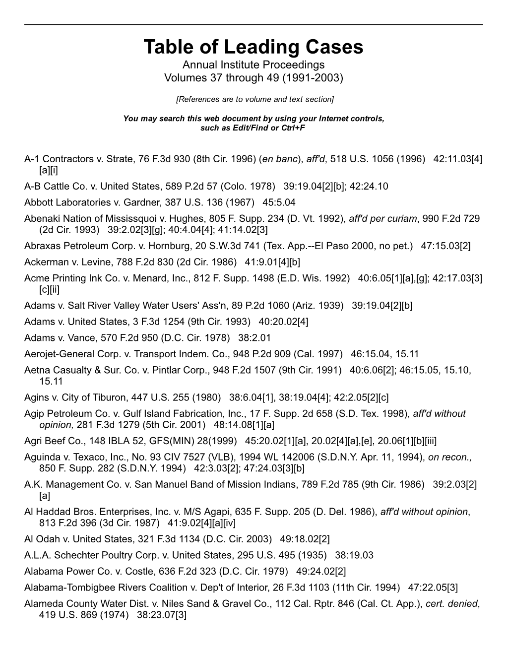 Table of Leading Cases Annual Institute Proceedings Volumes 37 Through 49 (1991­2003)