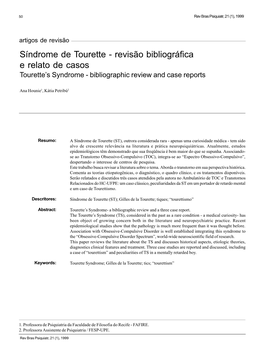 Síndrome De Tourette - Revisão Bibliográfica E Relato De Casos Tourette’S Syndrome - Bibliographic Review and Case Reports