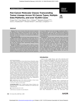 Pan-Cancer Molecular Classes Transcending Tumor Lineage Across 32 Cancer Types, Multiple Data Platforms, and Over 10,000 Cases Fengju Chen1, Yiqun Zhang1, Don L