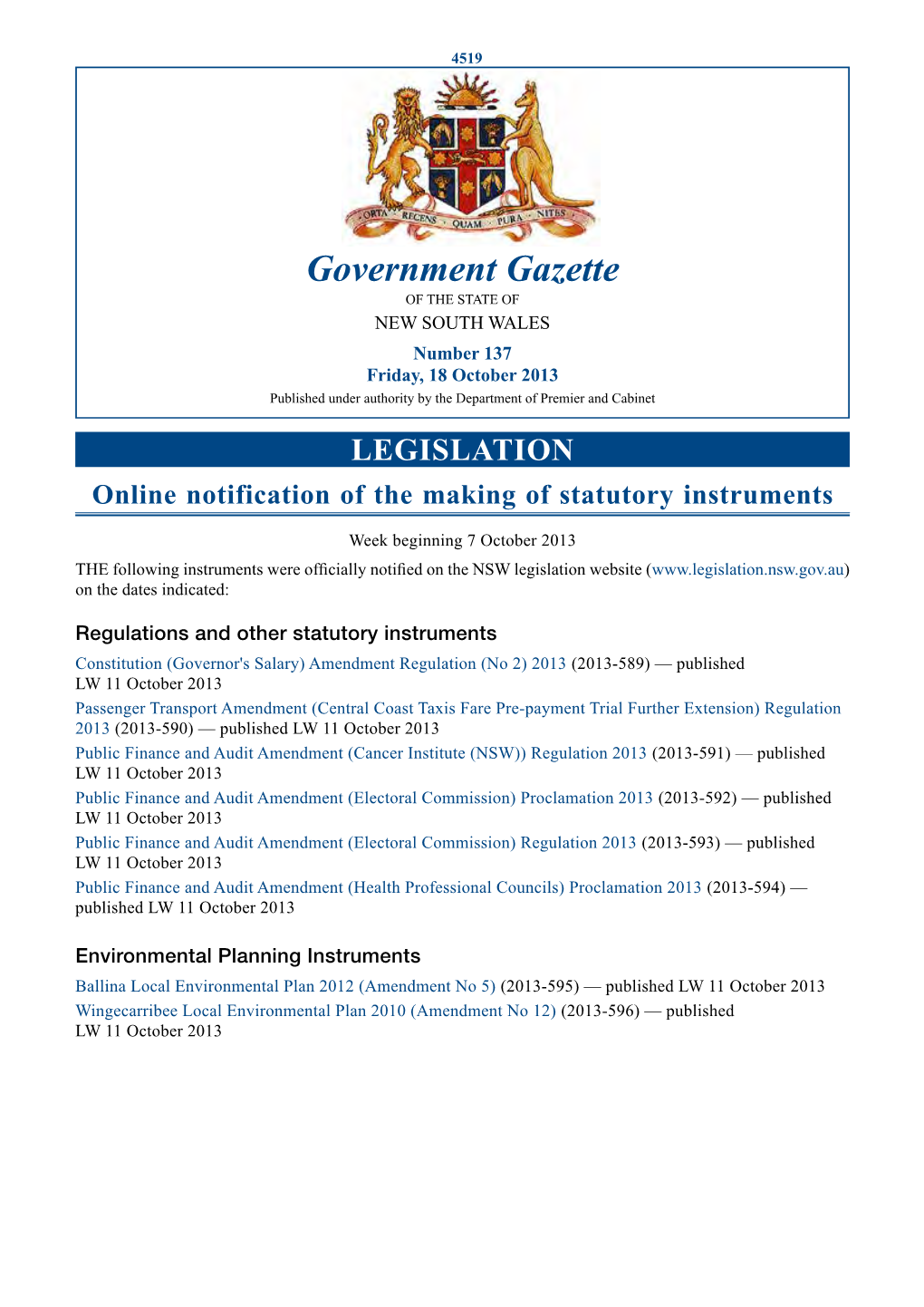 New South Wales Government Gazette No. 42 of 18 October 2013