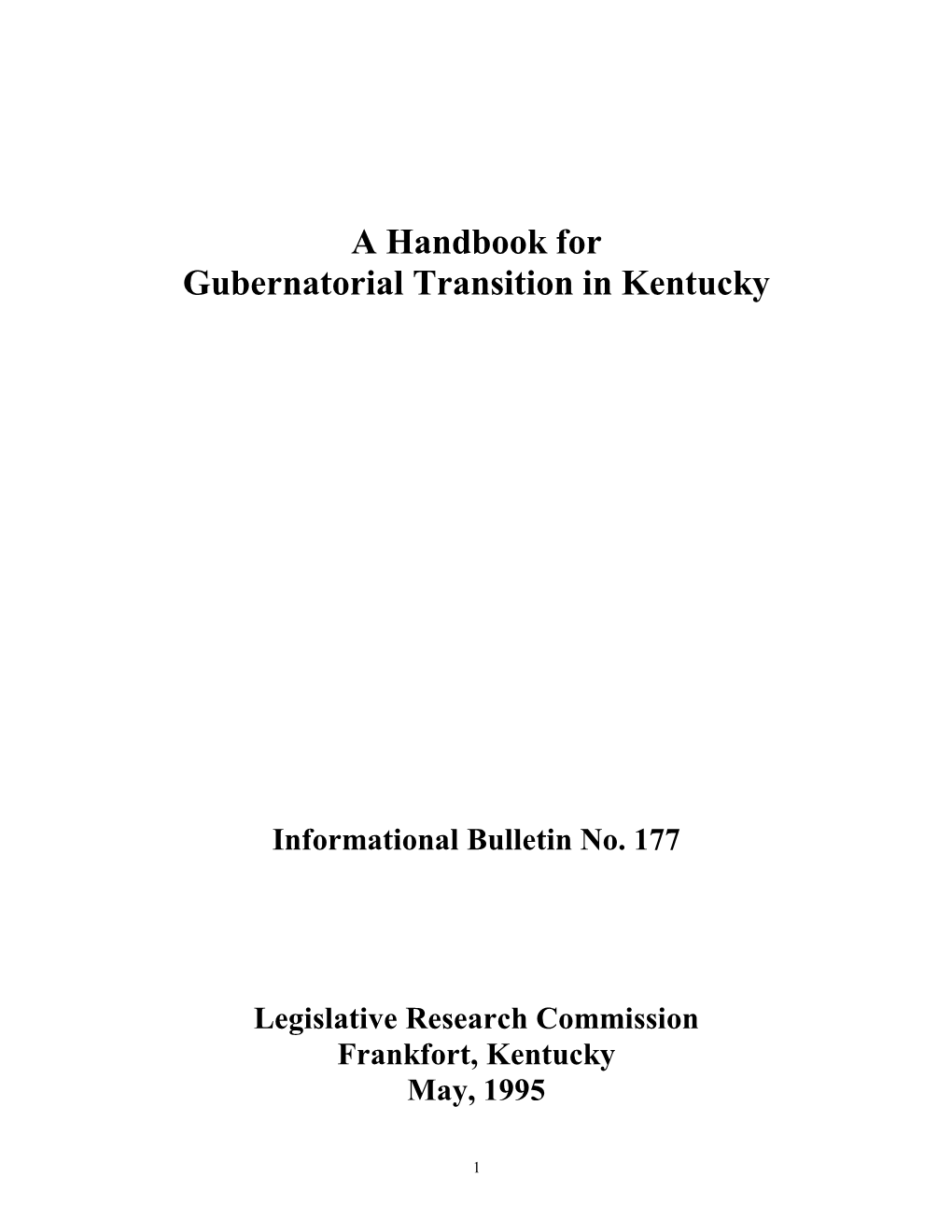 A Handbook for Gubernatorial Transition in Kentucky