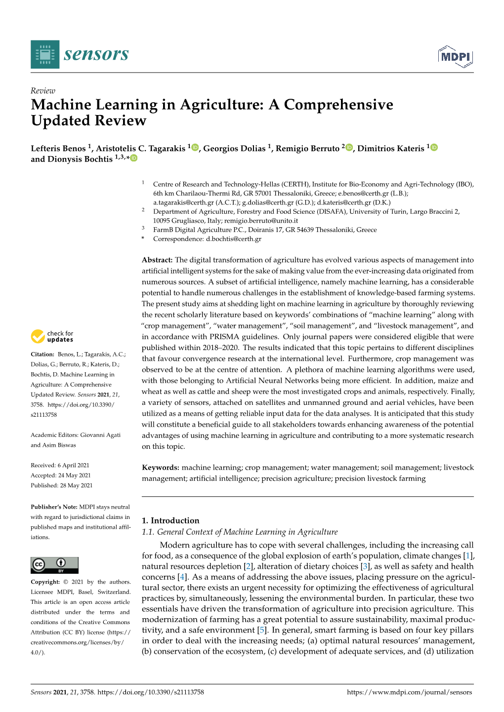 Machine Learning in Agriculture: a Comprehensive Updated Review