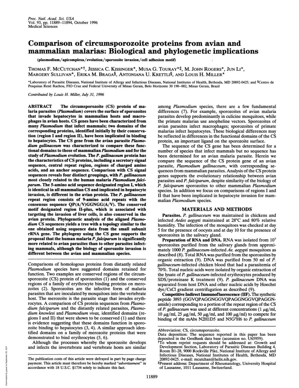 Comparison of Circumsporozoite Proteins from Avian and Mammalian