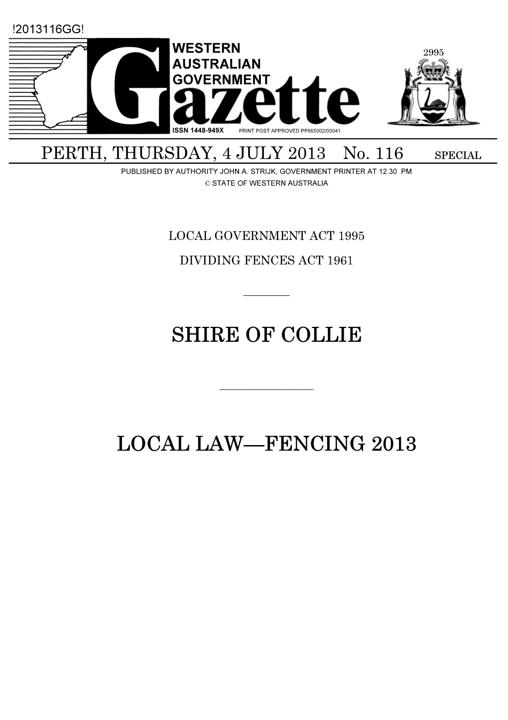Shire of Collie Local Law—Fencing 2013