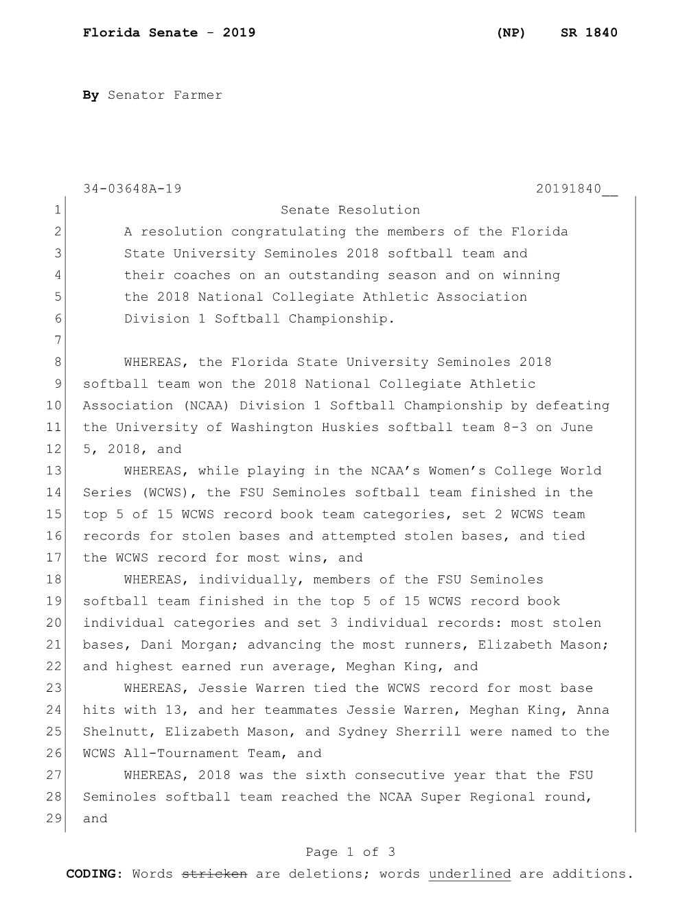 2019 (NP) SR 1840 by Senator Farmer 34-03648A-19 20191840__ Page 1 of 3 CODING: Words Stricken Are Deletions