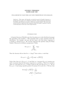 Linnik's Theorem Math 613E