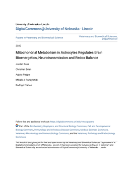 Mitochondrial Metabolism in Astrocytes Regulates Brain Bioenergetics, Neurotransmission and Redox Balance