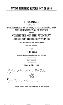 Patent Licensing Reform Act of 1988 Hearing