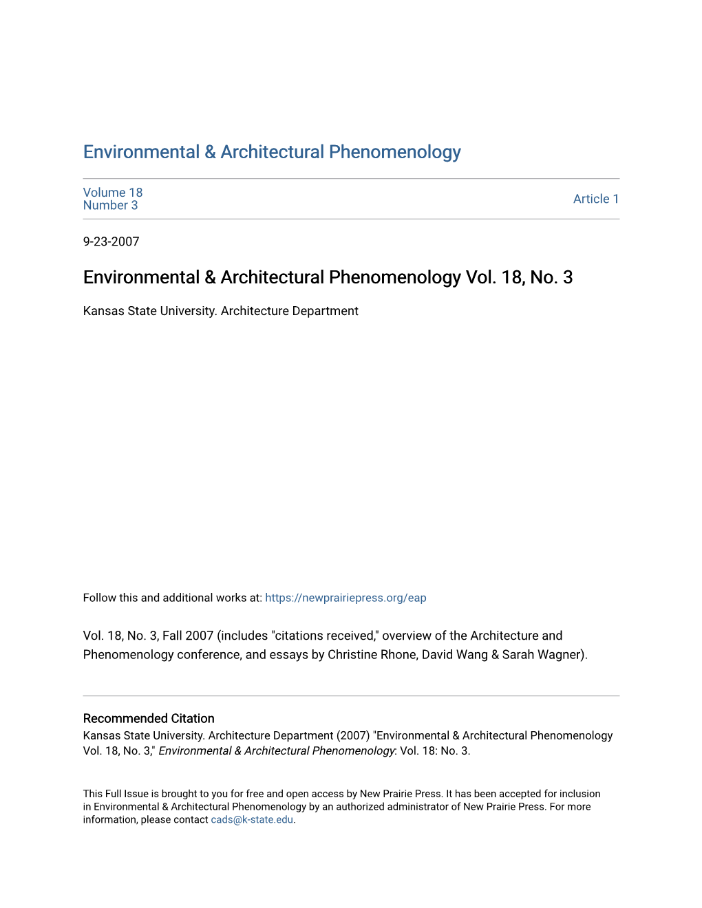Environmental & Architectural Phenomenology Vol. 18, No. 3