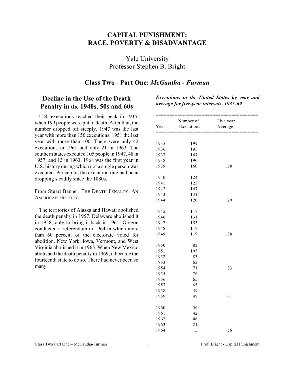 CAPITAL PUNISHMENT: RACE, POVERTY & DISADVANTAGE Yale University Professor Stephen B. Bright Class