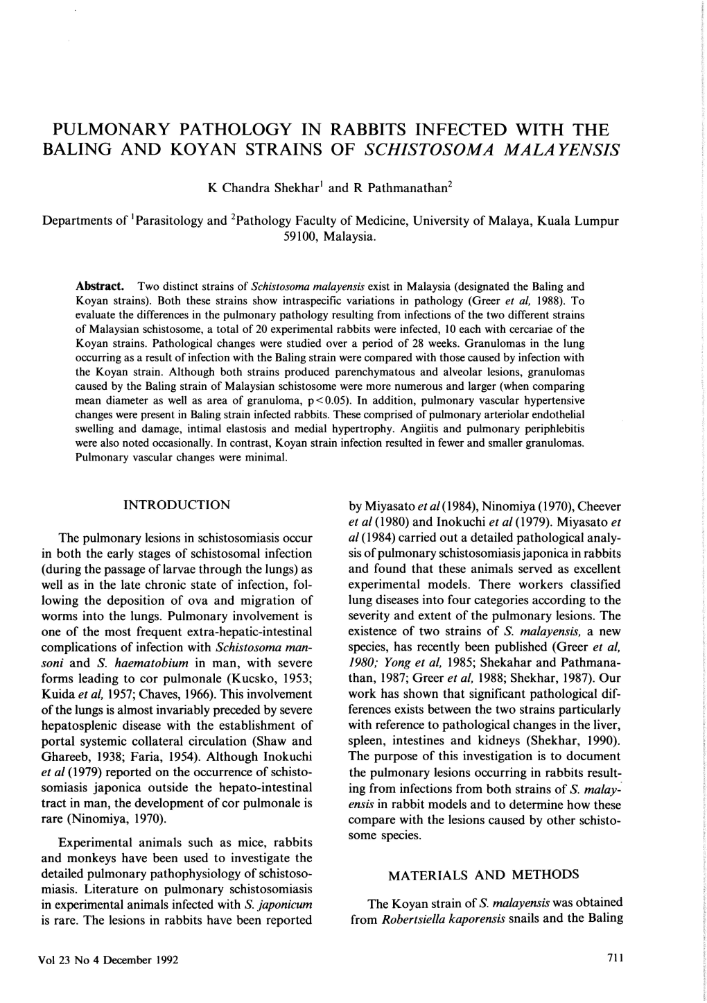 Pulmonary Pathology in Rabbits Infected with the Baling and Koyan Strains of Schistosoma Malayensis