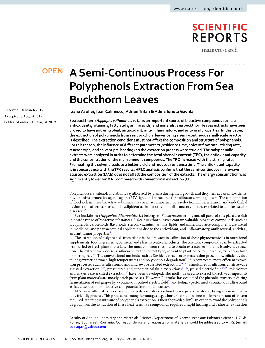 A Semi-Continuous Process for Polyphenols Extraction from Sea