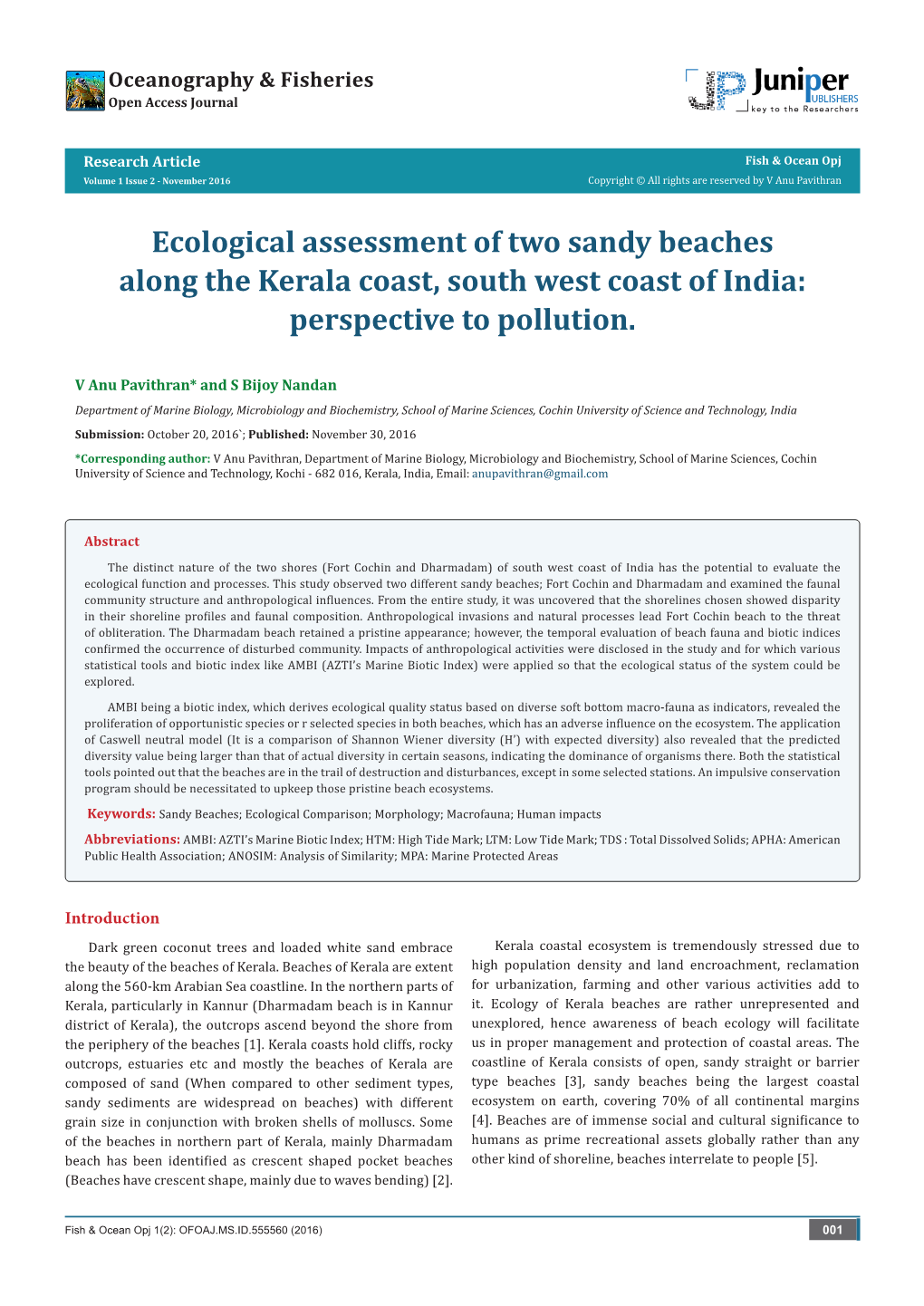 Ecological Assessment of Two Sandy Beaches Along the Kerala Coast, South West Coast of India: Perspective to Pollution