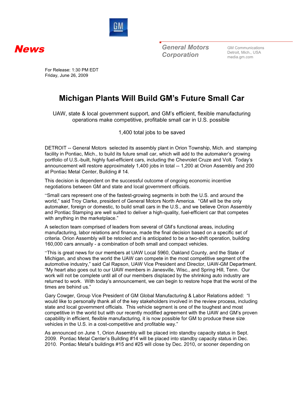 General Motors Press Release