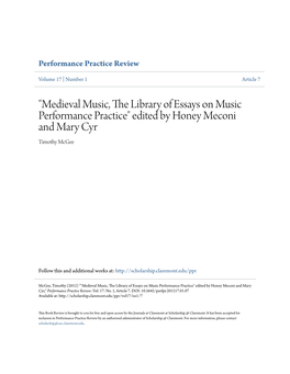 Medieval Music, the Library of Essays on Music Performance Practice" Edited by Honey Meconi and Mary Cyr Timothy Mcgee
