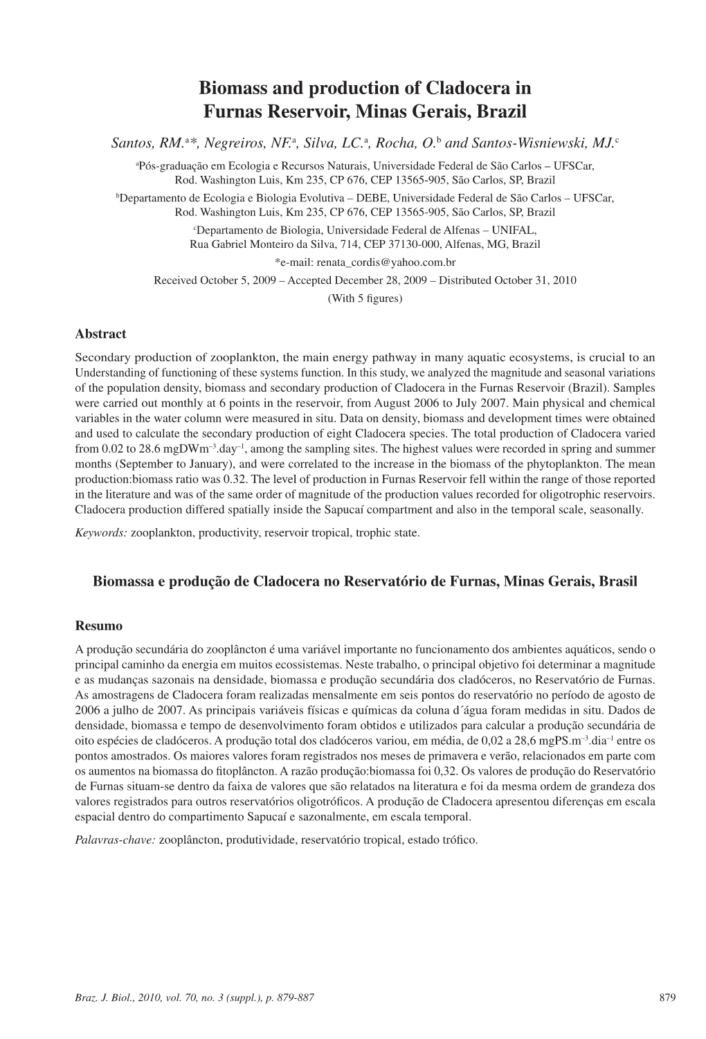 Biomass and Production of Cladocera in Furnas Reservoir, Minas Gerais, Brazil