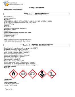 Safety Data Sheet Material Name: Nickel Carbonyl